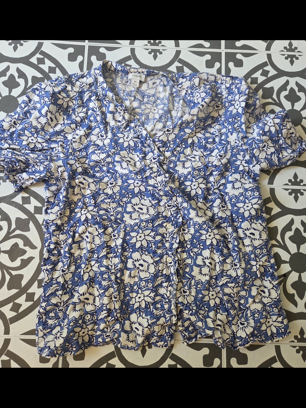 J. Crew Blue and White Floral Wrap-Style Blouse